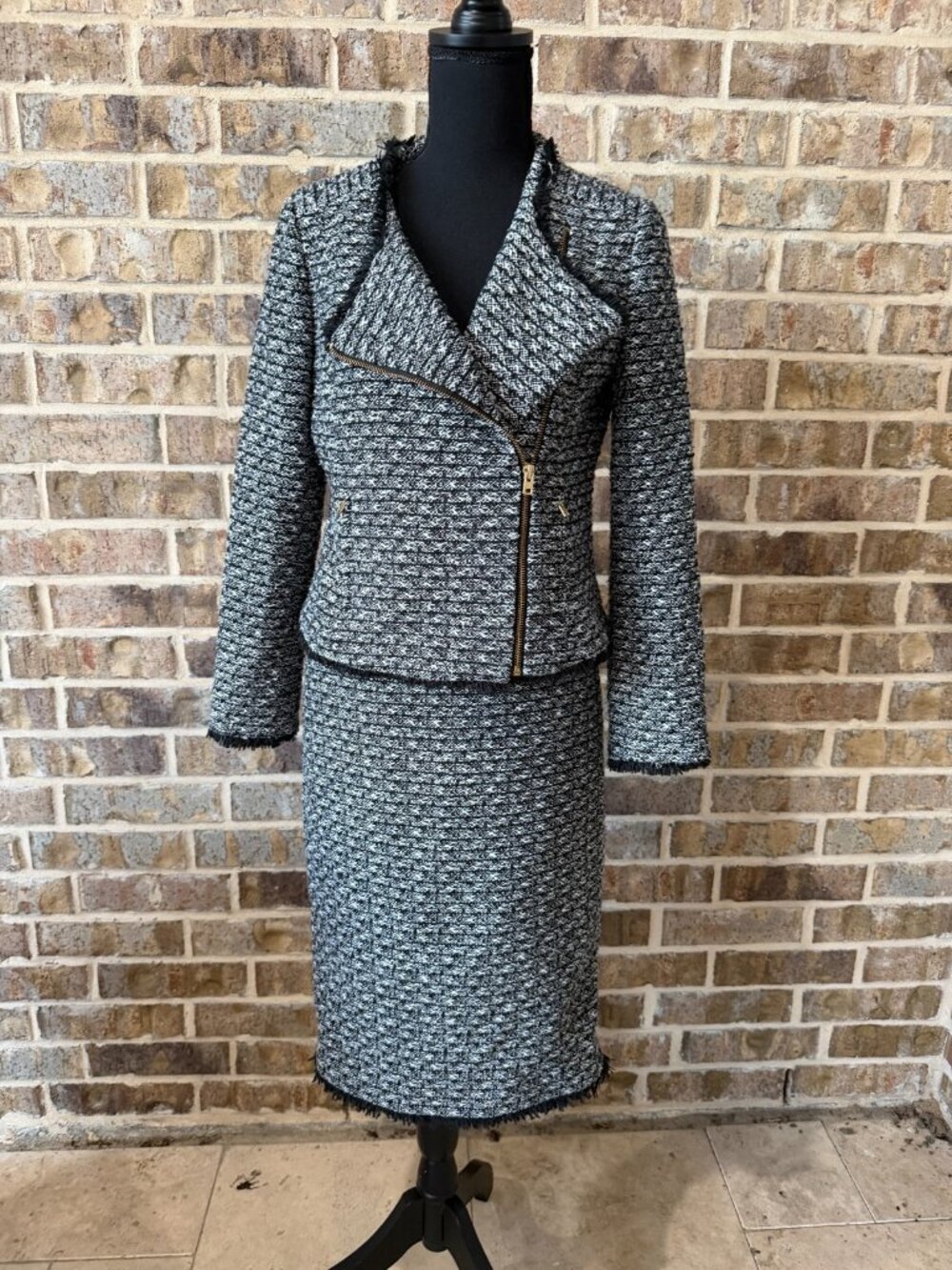 J. Crew tweed skirt suit set black and white size 2 asymetrical zipper business